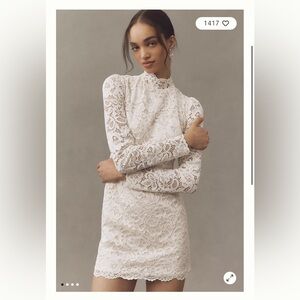 BHLDN LONG-SLEEVE MOCK-NECK LACE STRETCH SATIN MINI DRESS (NWT)